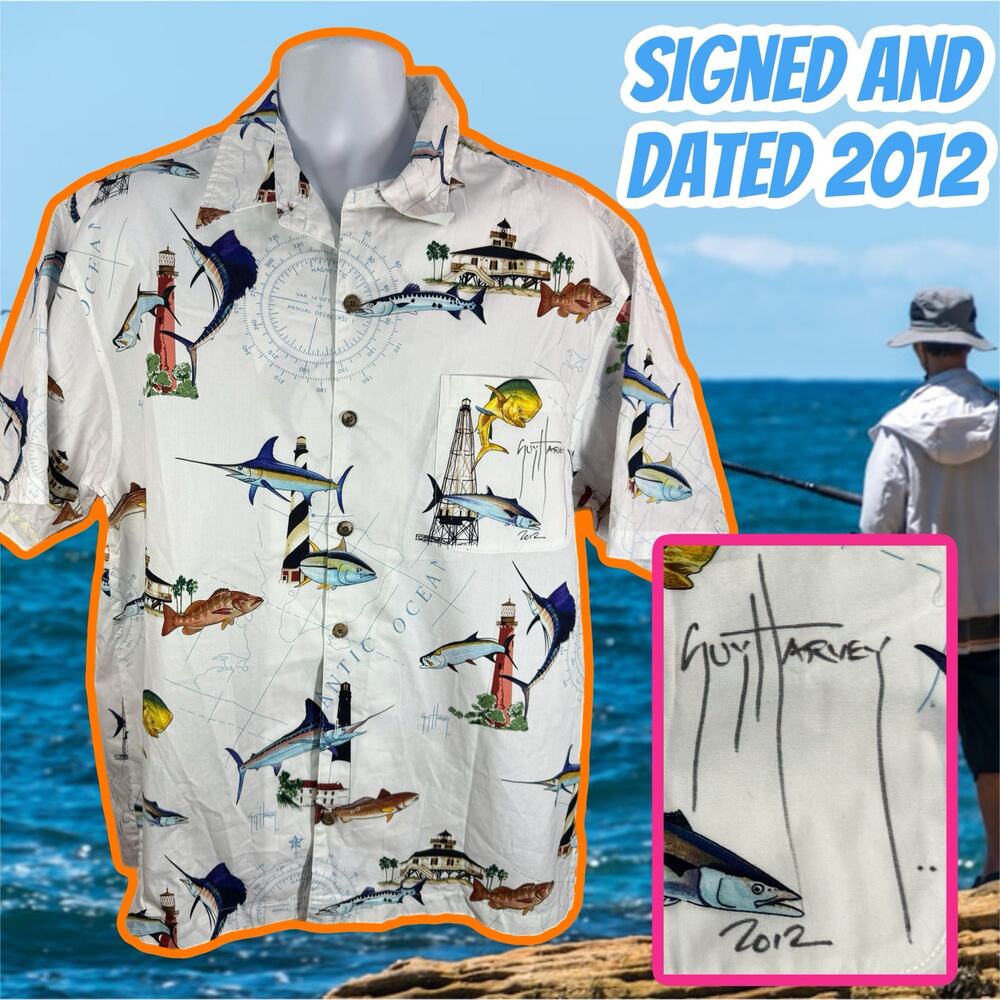 Guy Harvey by AFT Bluewater Signed White Button-Down Shirt - Men's Size Large